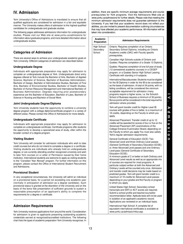 Fillable Online calendars registrar yorku Admission