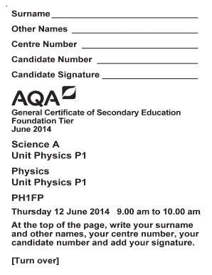 General Certificate of Secondary Education Physics P1 Exam Form