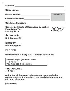General Certificate of Secondary Education Biology B1 Exam Form