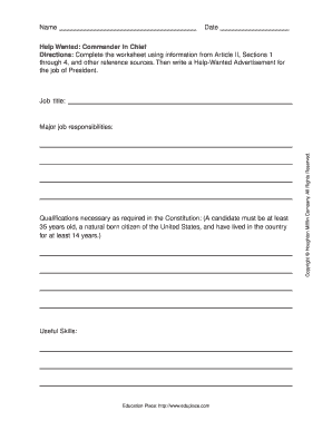 Help Wanted Commander in Chief Worksheet