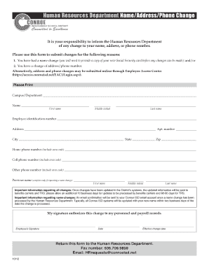 Human Resources Name/Address/Phone Change Form
