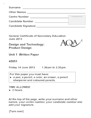 General Certificate of Secondary Education Exam Form