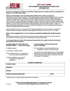 Student Photo and Directory Information Opt-Out Form