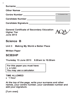 General Certificate of Secondary Education Science Exam Form