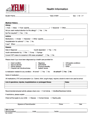 Student Medical History Form