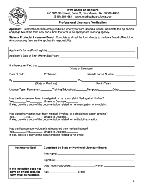 Iowa Medical License Verification Form