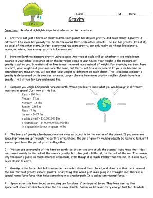 Gravity Reading Worksheet