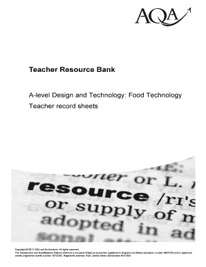 A-Level Food Technology Teacher Assessment Record Sheet