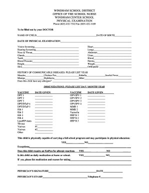 School Physical Examination Form