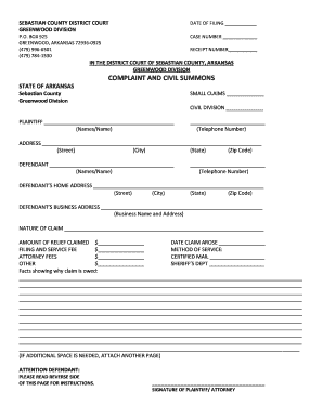 Arkansas Small Claims Complaint and Civil Summons