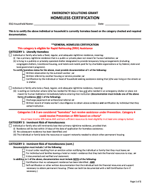 Emergency Solutions Grant Homeless Certification