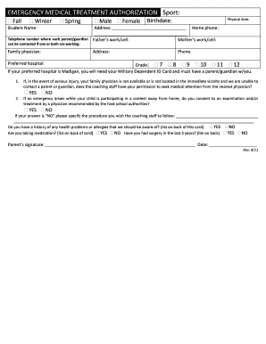 Printable medical consent form for minor - Emergency card - single - ycs wednet