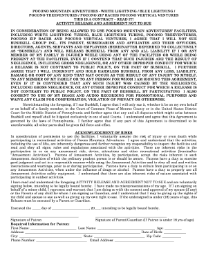 Pocono Mountain Adventures Activity Release and Agreement