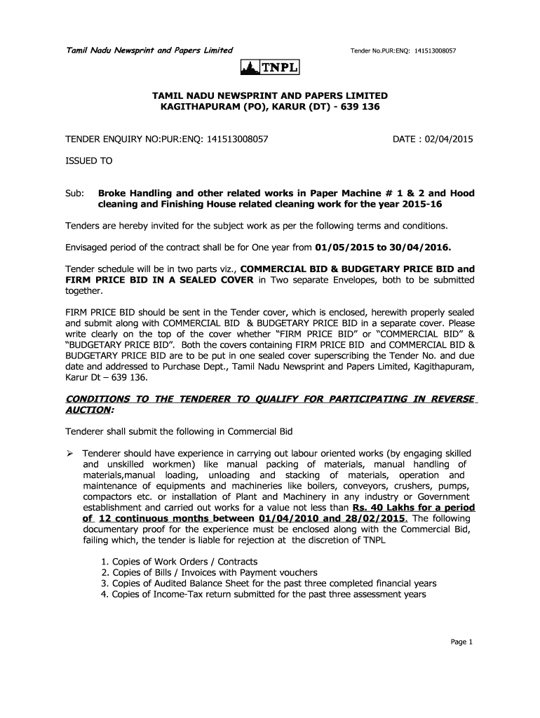 Fillable Online Tamil Nadu Newsprint and Papers Limited Fax Email Print pdfFiller