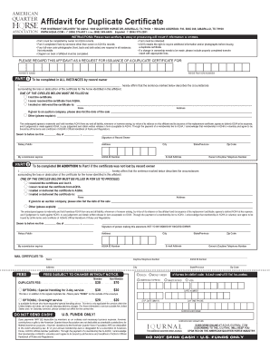 Affidavit for Duplicate AQHA Certificate
