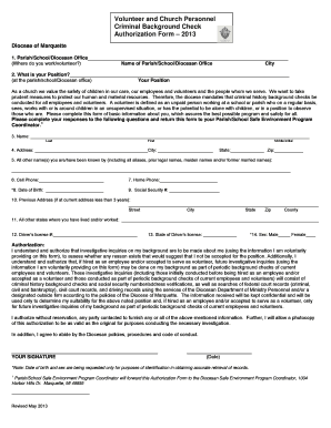 Diocese of Marquette Volunteer Background Check Authorization