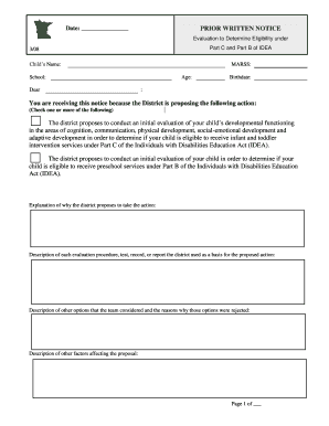 Prior Written Notice for IDEA Evaluation