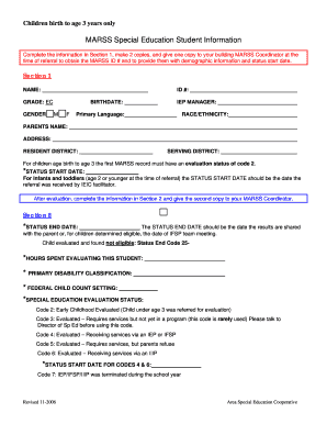 MARSS Special Education Student Information Form