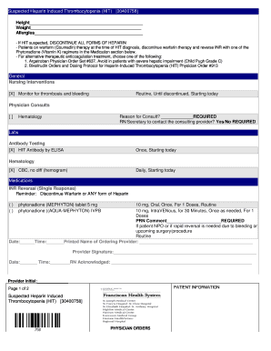Suspected Heparin Induced Thrombocytopenia (HIT) Form