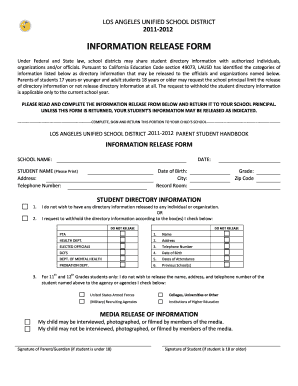Los Angeles Unified School District Information Release Form