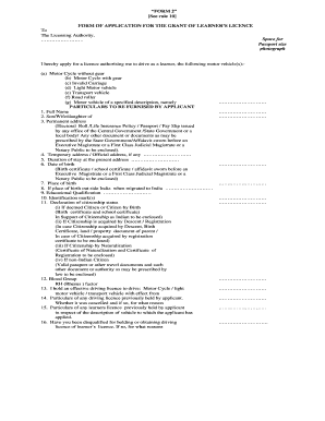 FORM OF APPLICATION FOR THE GRANT OF LEARNERS LICENCE