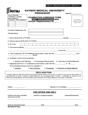 BDS First Professional Examination Admission Form