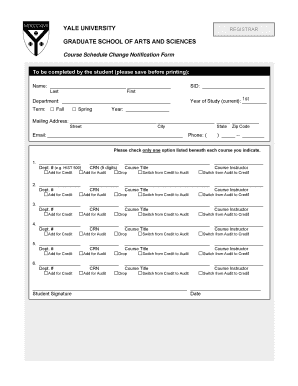 Yale University Course Schedule Change Notification Form