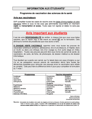 Formulaire du programme de vaccination des sciences de la santé