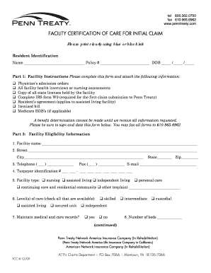 Facility Certification of Care for Initial Claim