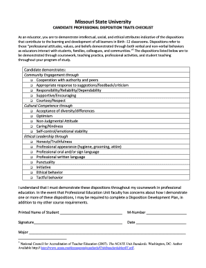 Missouri State University Candidate Professional Disposition Traits Checklist
