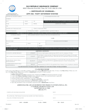 Old Republic Theft Deterrent Certificate of Coverage