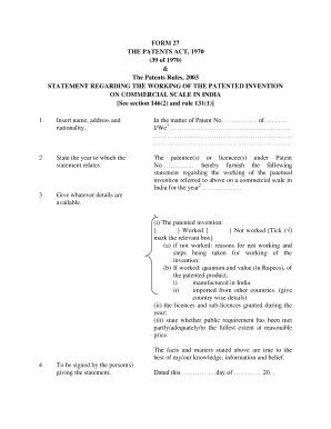 Patent Working Statement Form 27