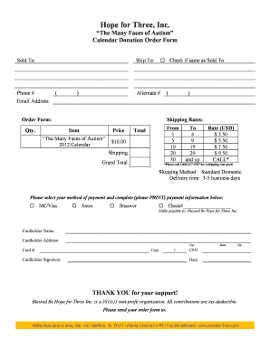 Hope for Three Calendar Donation Order Form