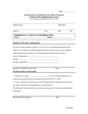 Utah Asthma Self-Administration Form