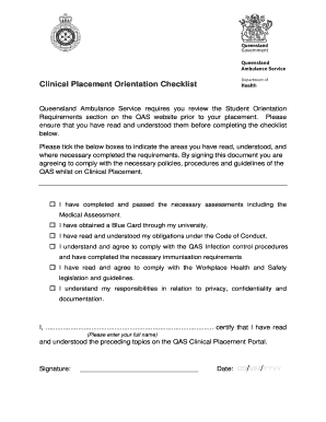 Queensland Ambulance Service Clinical Placement Orientation Checklist