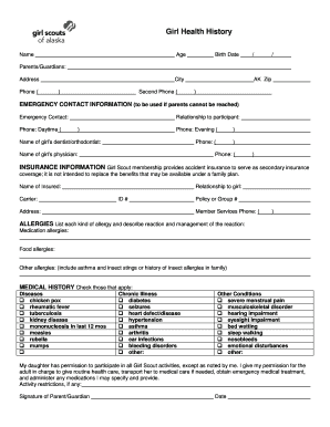 Girl Health History Form
