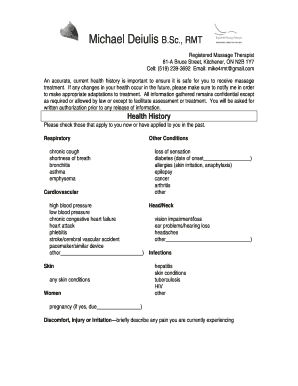Massage Therapy Health History Form
