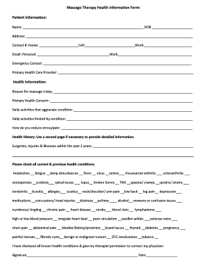 Massage Therapy Health Information Form