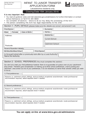 Leicestershire Infant to Junior School Transfer Application Form