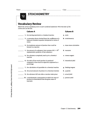 Stoichiometry Vocabulary Review Worksheet
