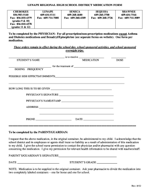 Lenape Regional High School District Medication Form