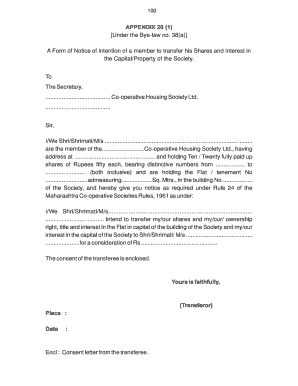 Notice of Intention to Transfer Shares and Interest in Co-operative Housing Society