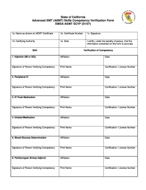 California AEMT Skills Competency Verification Form