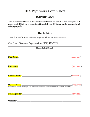 IDX Paperwork Cover Sheet