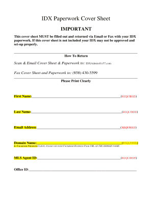 IDX Paperwork Cover Sheet