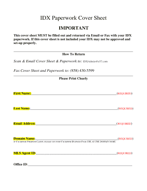 IDX Paperwork Cover Sheet