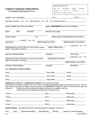 K-8 Student Information Form