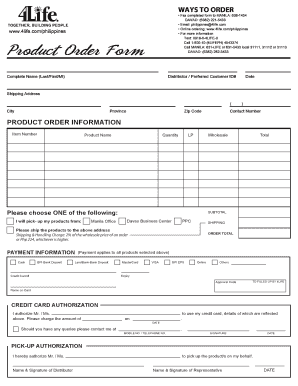4Life Product Order Form