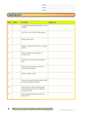 Video Game Design Foundations Bellwork