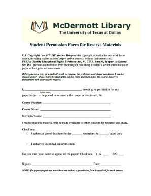 Student Permission Form for Reserve Materials